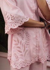 LaRosa Summer Dreams Genevieve pink cotton nightwear set for women, featuring embroidered baby pink co-ord. Closeup